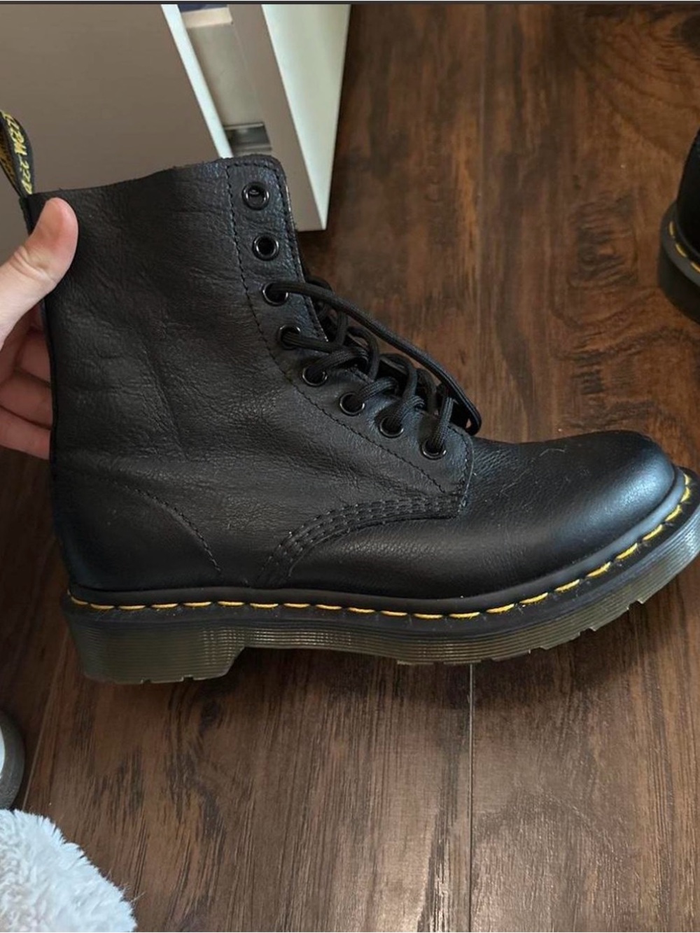 Dr. Martens Black Leather Lace-Up Boots with Yellow Stitching